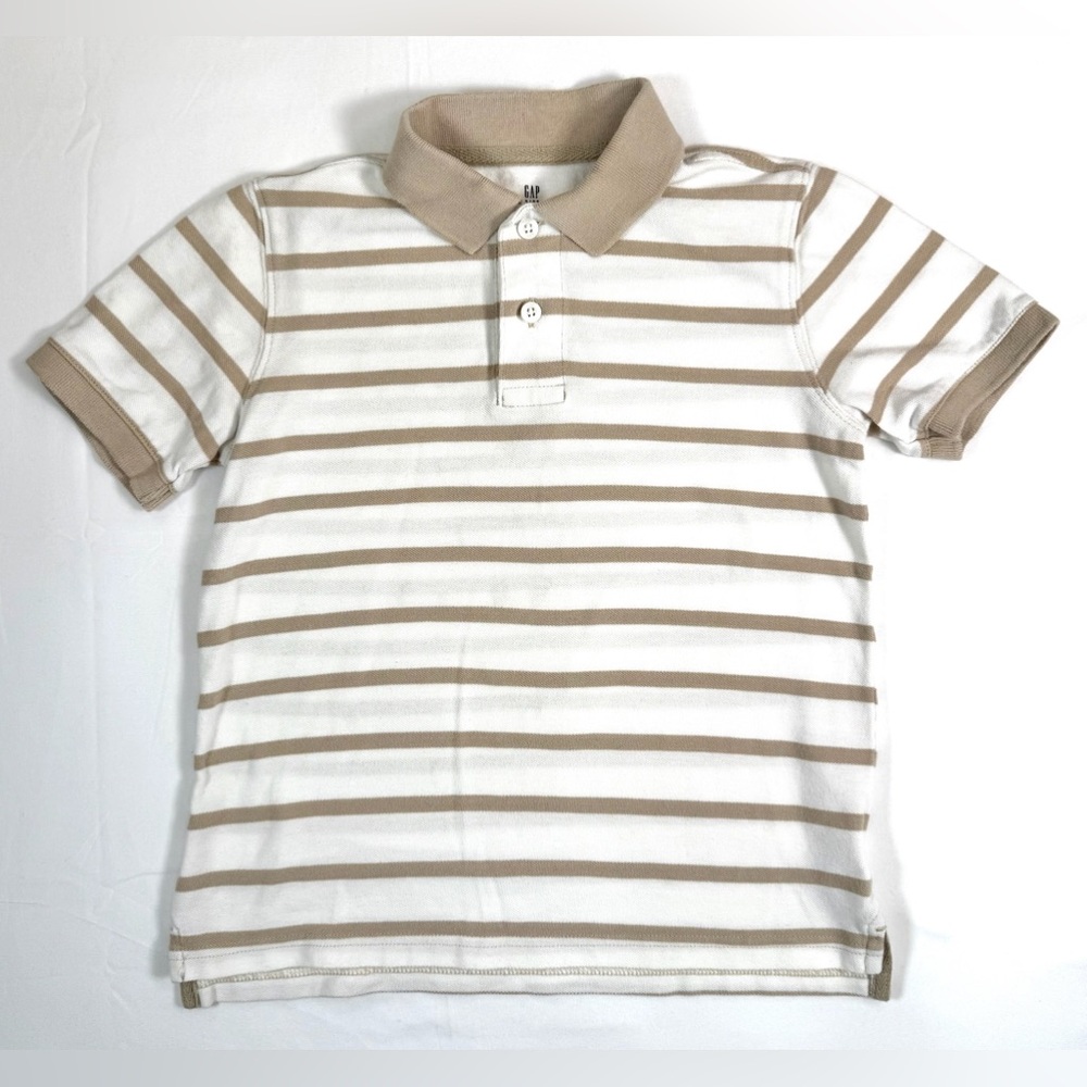 GAP KIDS Boys Striped Polo Shirt Size M 8-9 Khaki Cream Short Sleeve Classic